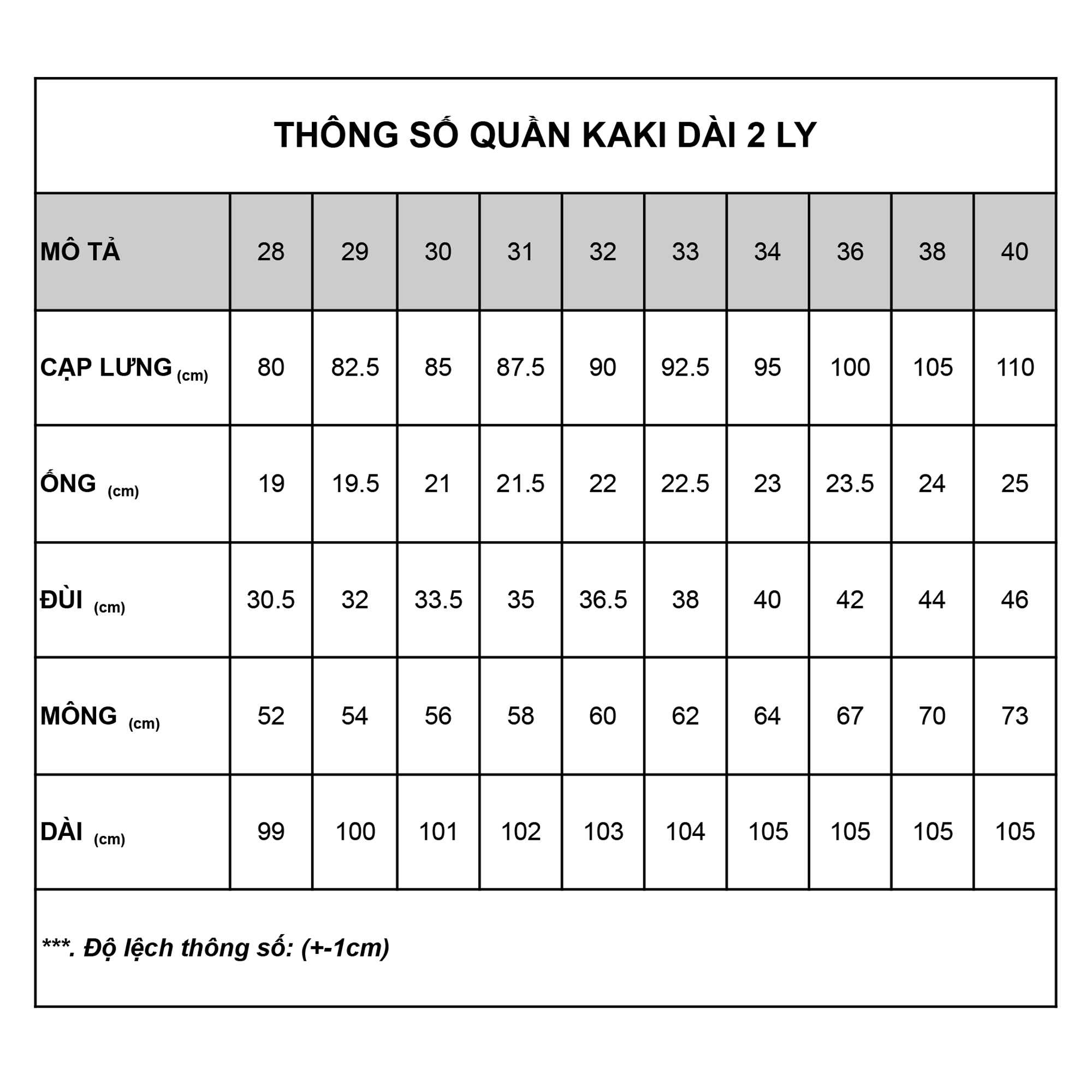 Bảng size Quần dài kaki ống rộng 2 ly